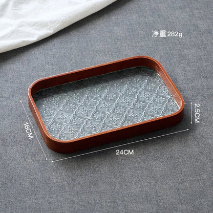 Japan-Style Wood & Embossed Glass Serving Tray