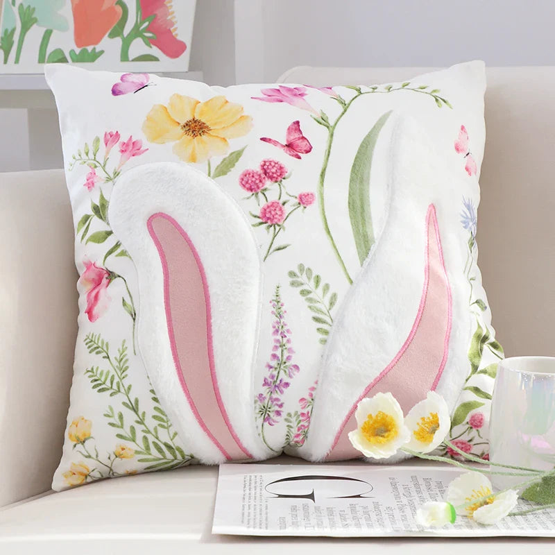 Cartoon Rabbit Floral Cushion Cover