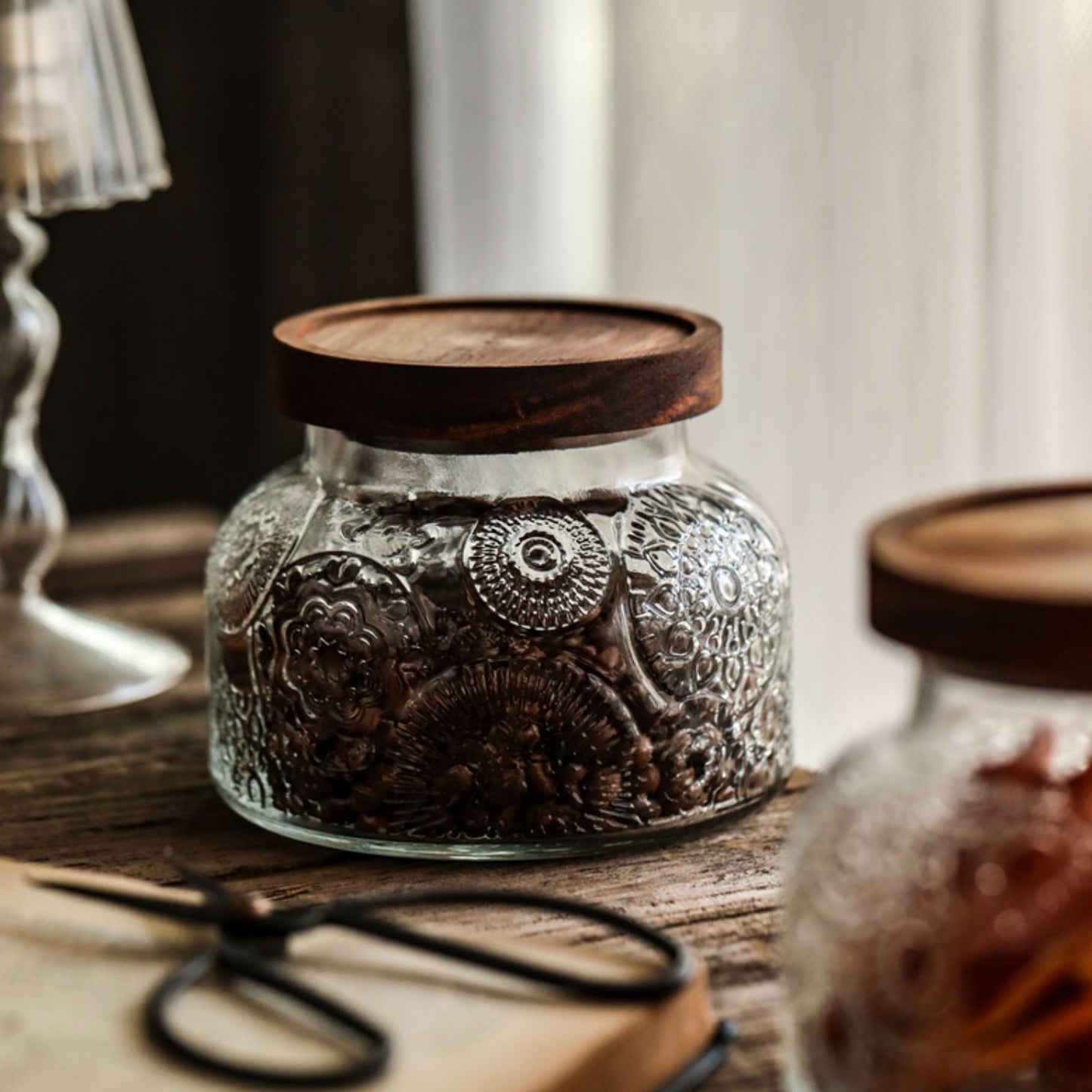 Retro Carved Wooden Lid Glass Jar