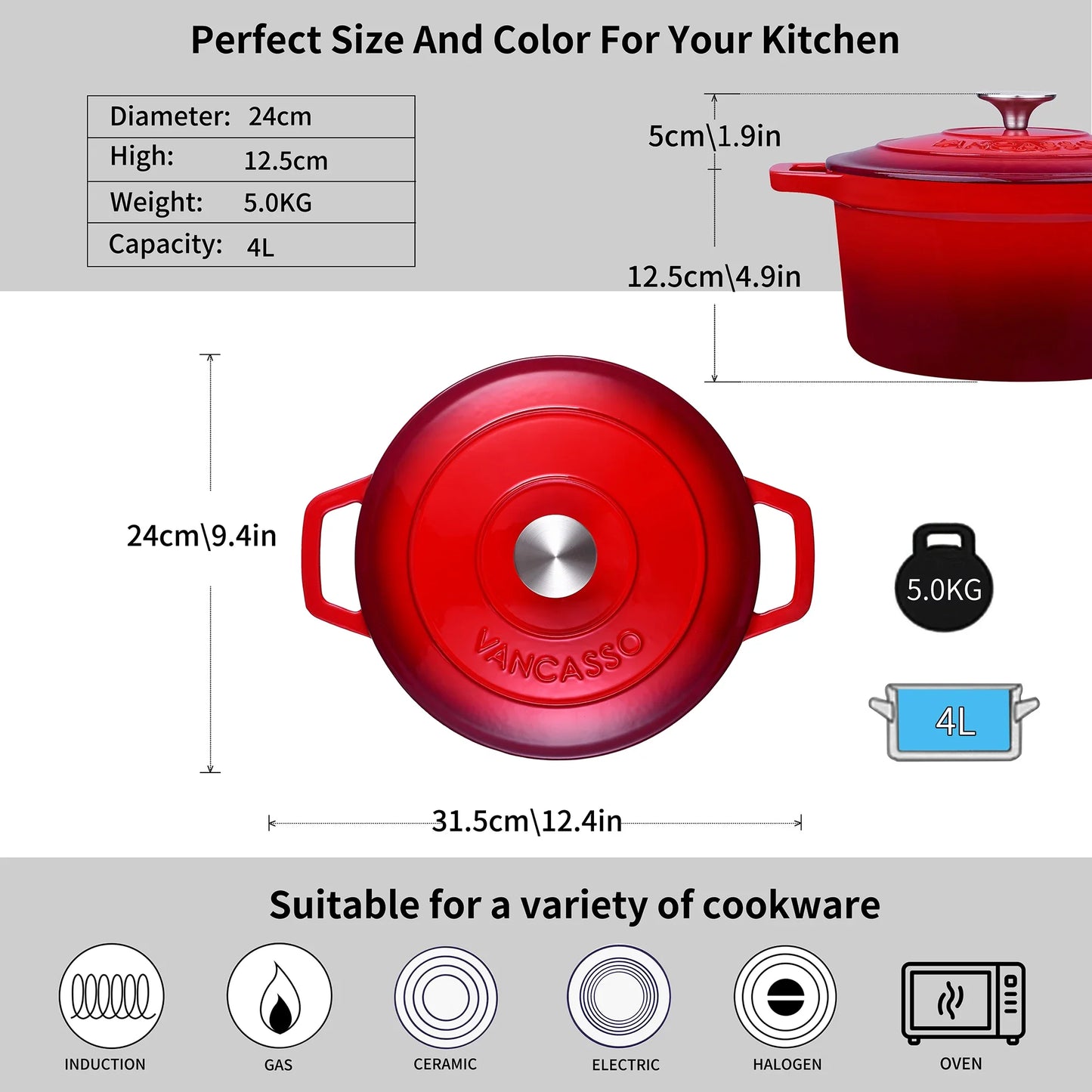 4L Cast Iron Soup Pot With Lid