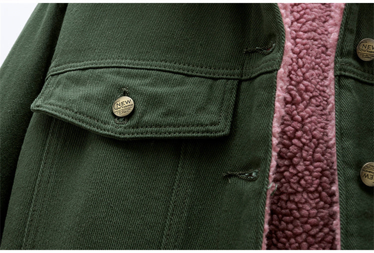 Giacca di jeans verde militare con fodera in pelliccia rosa