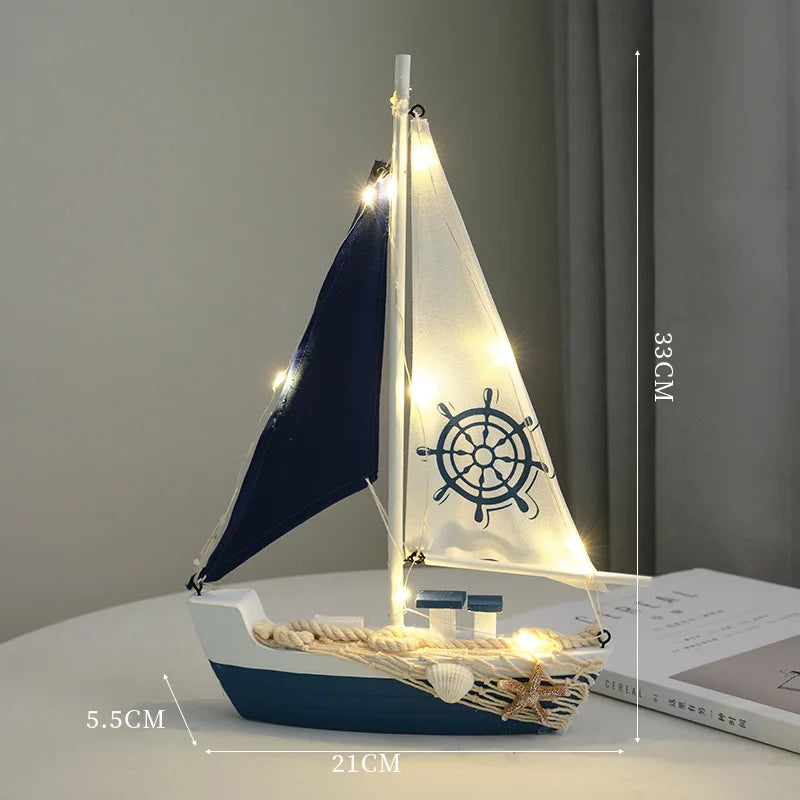 Mediterranean Wooden Sailboat Decor with LED Lights