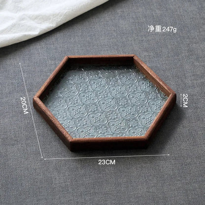 Japan-Style Wood & Embossed Glass Serving Tray
