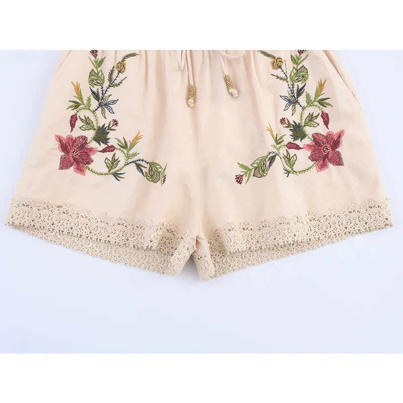 FloréaEase Drawstring Embroidery Shorts