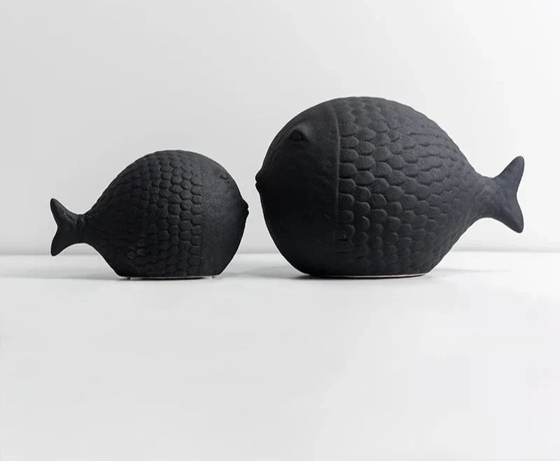 Black and White Ceramic Fish Sculpture Set