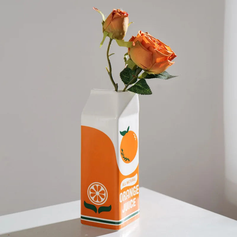 Retro Orange Juice Carton Ceramic Vase