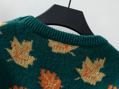 Pull tricoté à motif de feuille d'érable d'automne