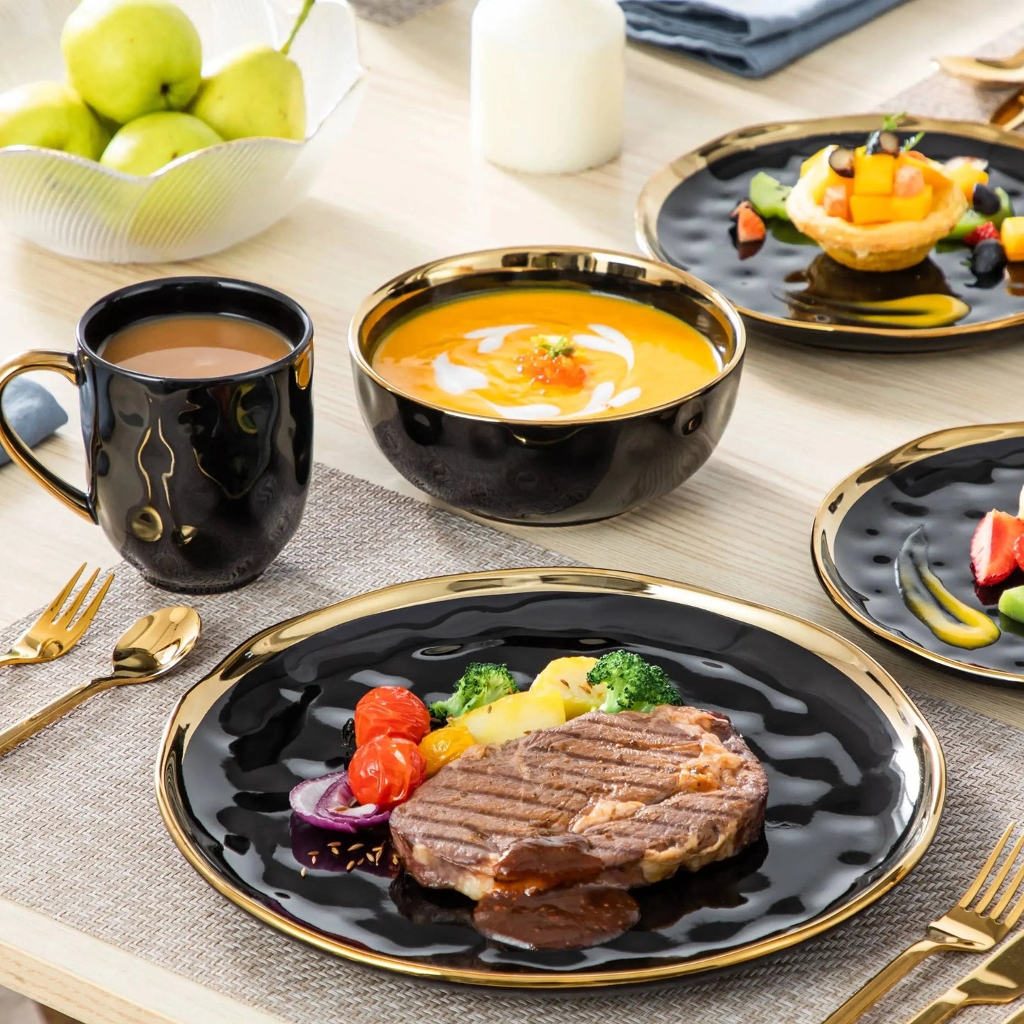 Black Dinnerware Set with Gold Trim