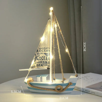 Mediterranean Wooden Sailboat Decor with LED Lights