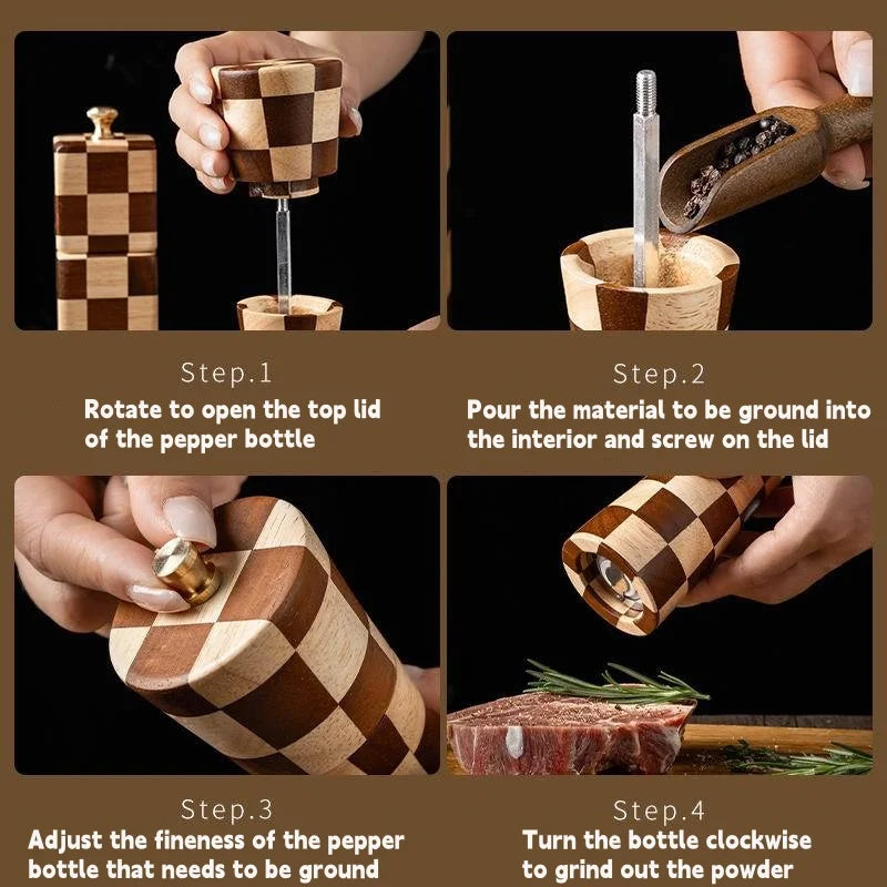 Solid Wood Checkerboard Pepper Grinder & Sea Salt Mill Kitchen kitchen accessories Kitchenware Pepper Grinder