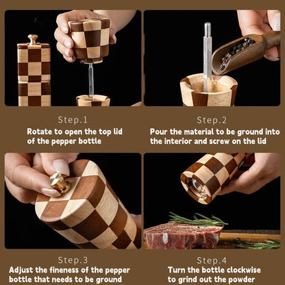 Solid Wood Checkerboard Pepper Grinder & Sea Salt Mill Kitchen kitchen accessories Kitchenware Pepper Grinder