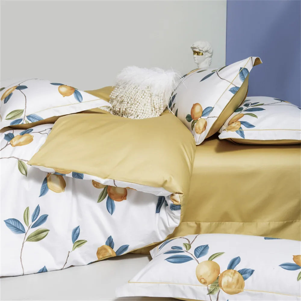 Ensemble de housse de couette en coton égyptien branches de citron