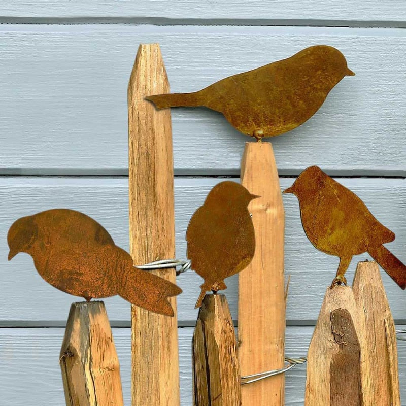 Ensemble d'oiseaux en métal rouillé, 4 pièces, décor de clôture