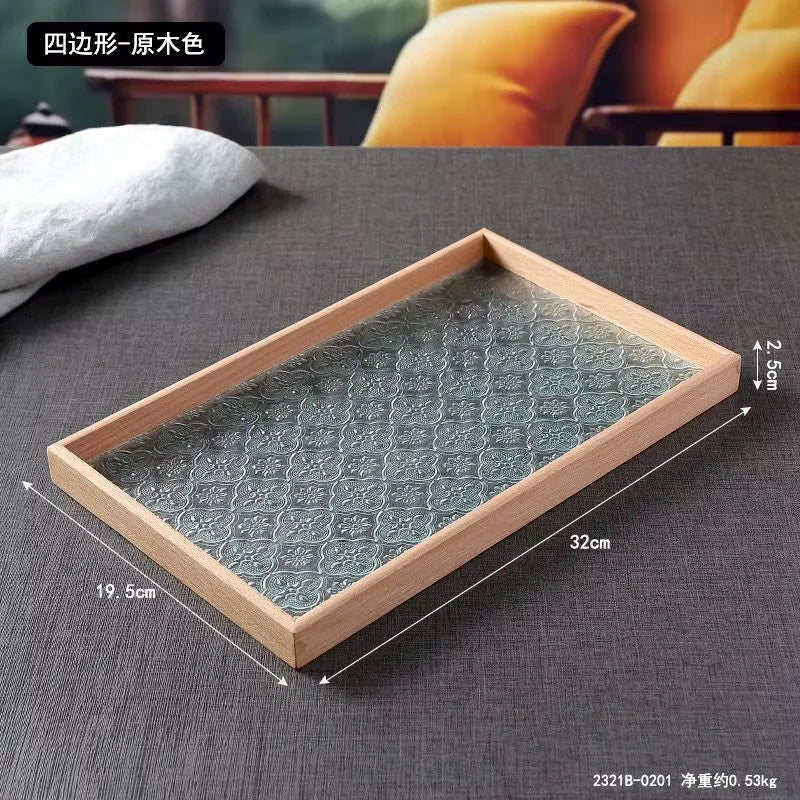 Japan-Style Wood & Embossed Glass Serving Tray