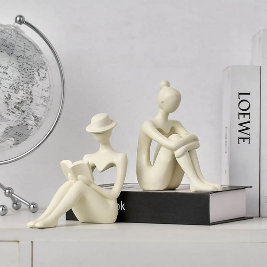 Abstract Reading Woman Bookshelf Statue Figurine Sculpture