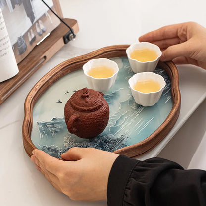 Teetablett aus Bambusholz und Glas 