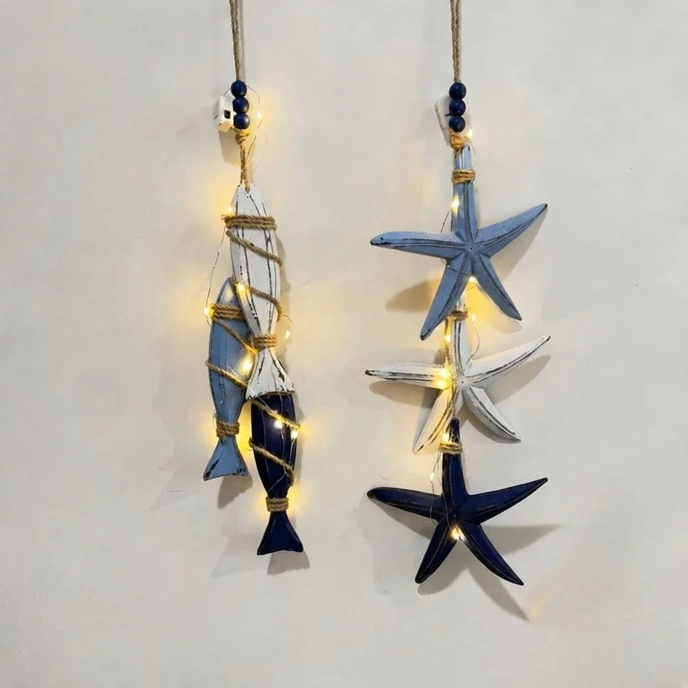 Coastal Wooden Fish and Starfish LED Hanging Ornament
