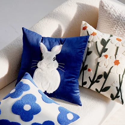 Cartoon Rabbit Floral Cushion Cover