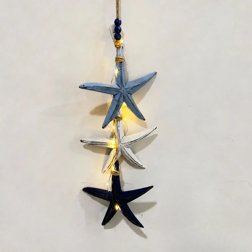 Coastal Wooden Fish and Starfish LED Hanging Ornament