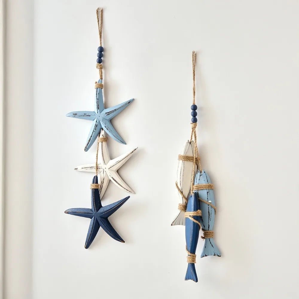 Coastal Wooden Fish and Starfish LED Hanging Ornament