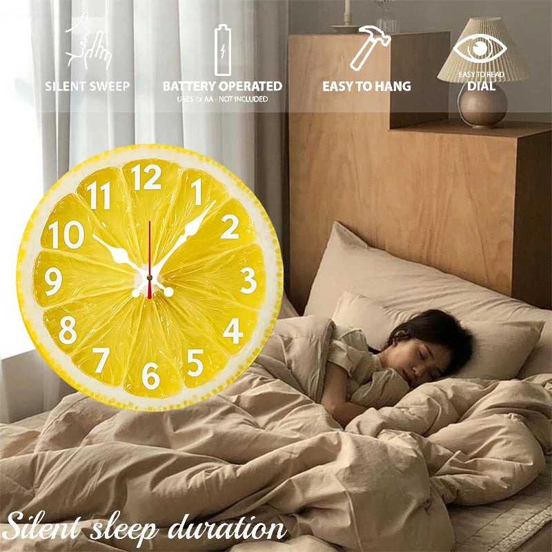 Silent Lemon-Themed Wooden Wall Clock