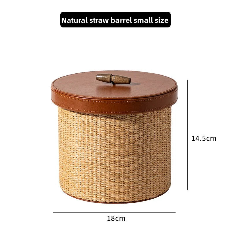Luxury Natural Straw & Leather Tissue Box Multifunctional Storage Set