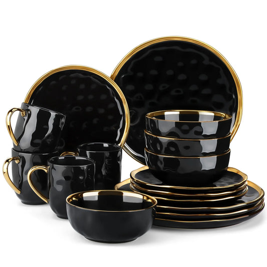 Black Dinnerware Set with Gold Trim