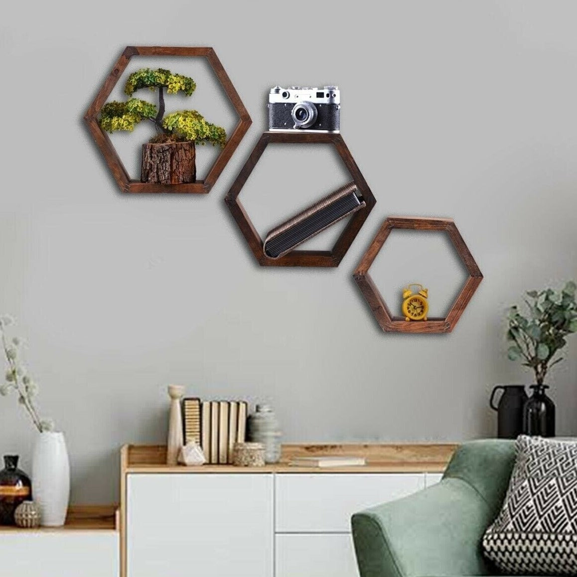 Rustic Hexagonal Wall Shelf Set