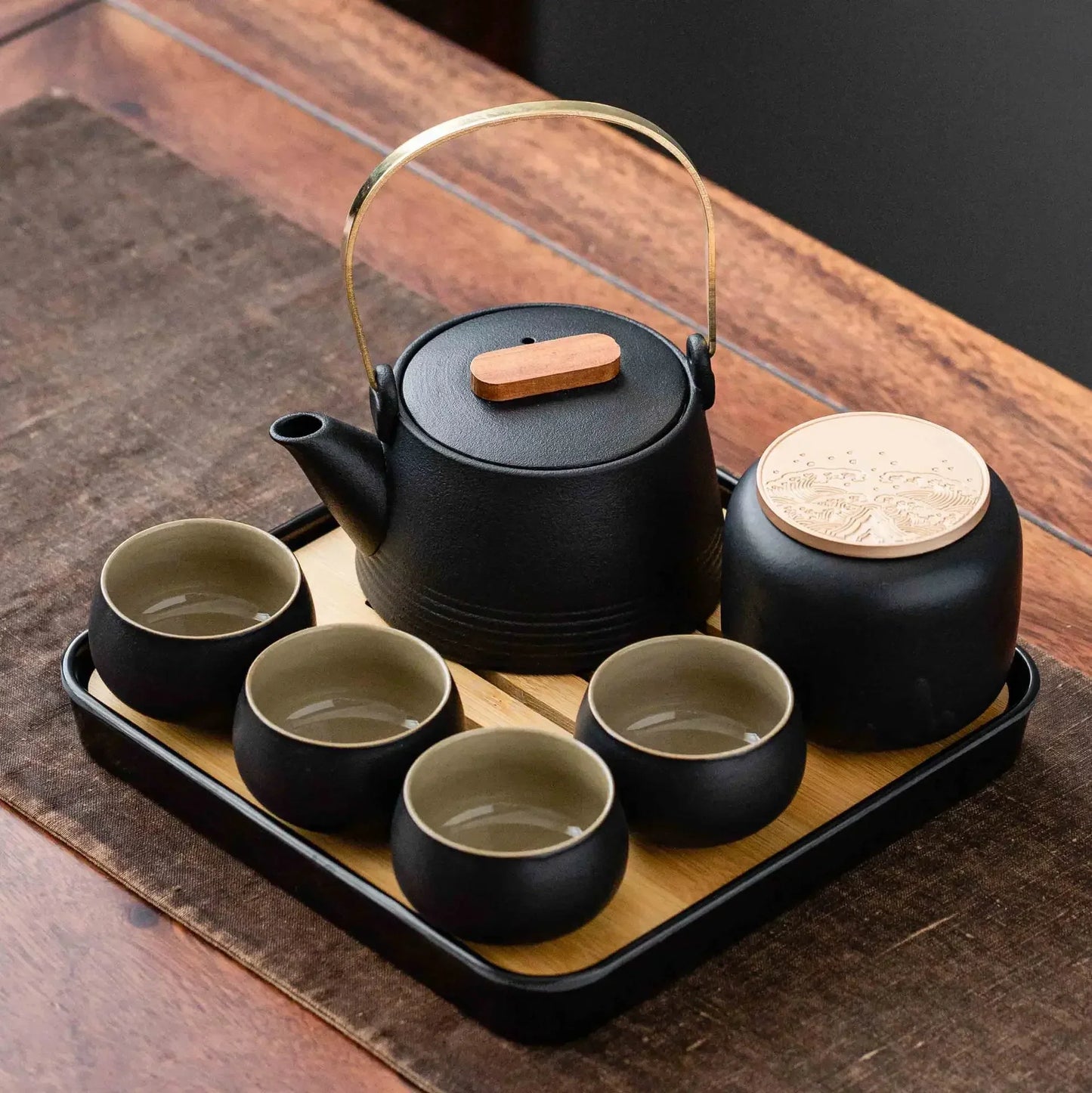 Black Ceramic Kung Fu Tea Set with Travel Case & Dragon Tea Pet
