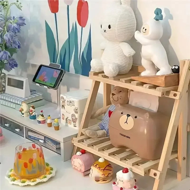 Rustikales 2-stöckiges Schreibtisch-Organizer-Regal aus Holz