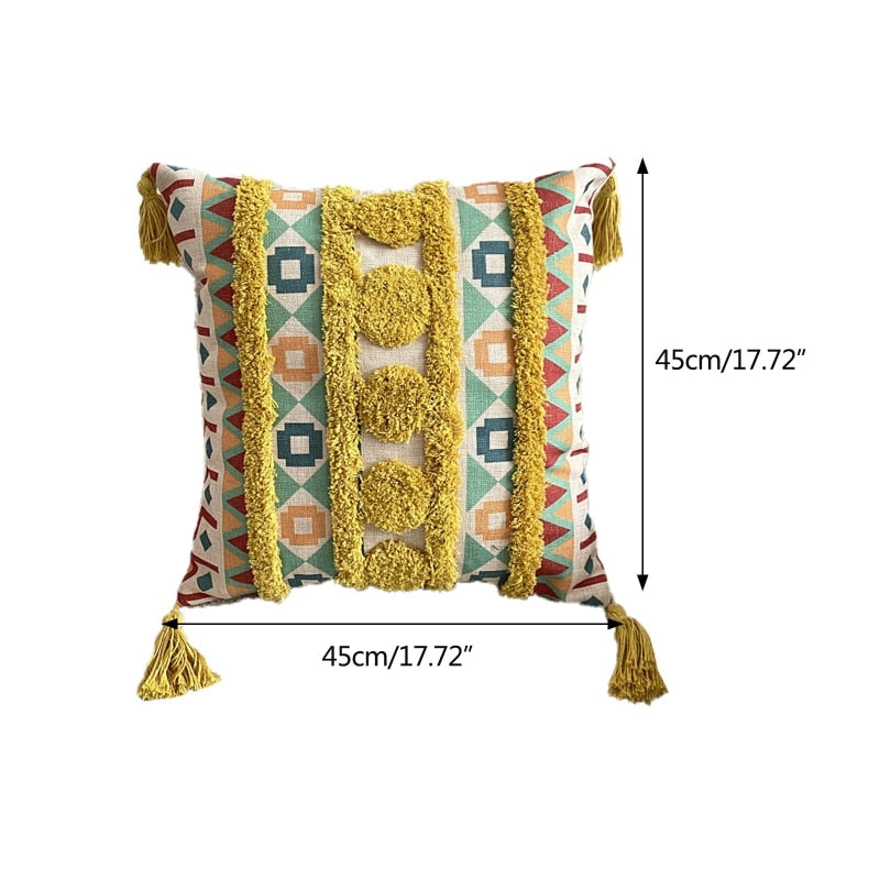 Housse de coussin à pompons touffeté Boho