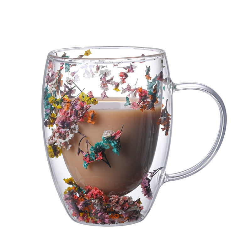 Double Wall Dry Flowers Glass Mug