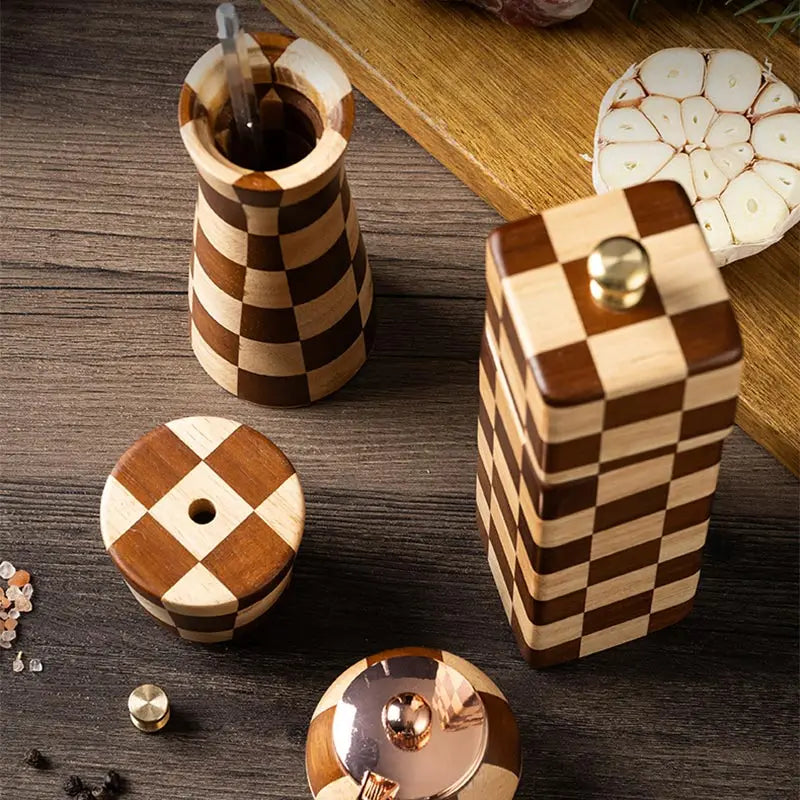 Solid Wood Checkerboard Pepper Grinder & Sea Salt Mill Kitchen kitchen accessories Kitchenware Pepper Grinder
