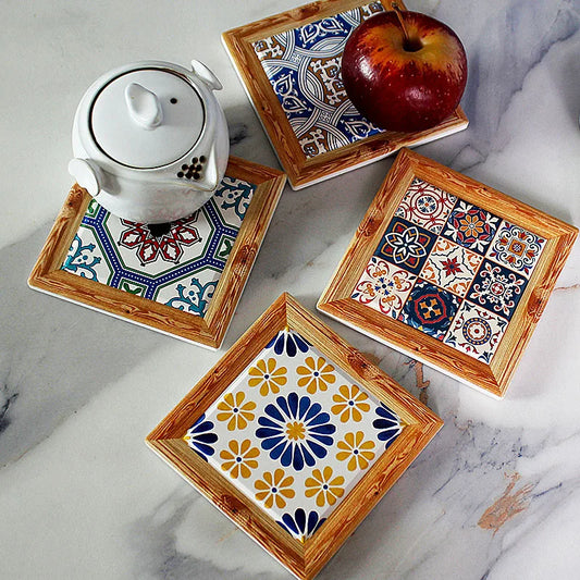 Bohemian Hand-Painted Floral Tile Ceramic Coaster with Cork Base | Table Decor Coaster