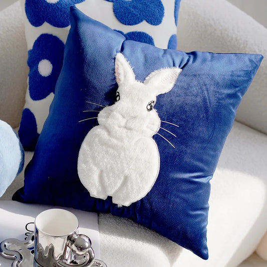 Cartoon Rabbit Floral Cushion Cover