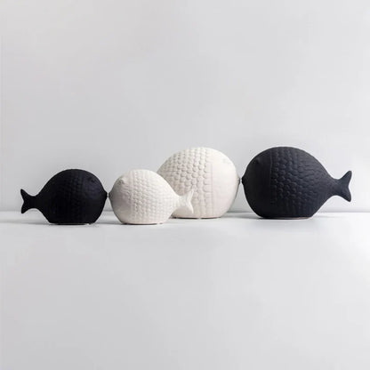 Black and White Ceramic Fish Sculpture Set