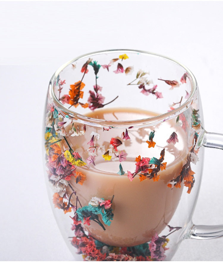 Double Wall Dry Flowers Glass Mug