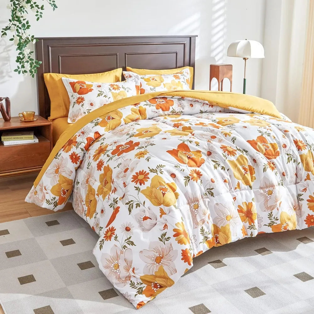 Orange Florals Queen Bedding Set