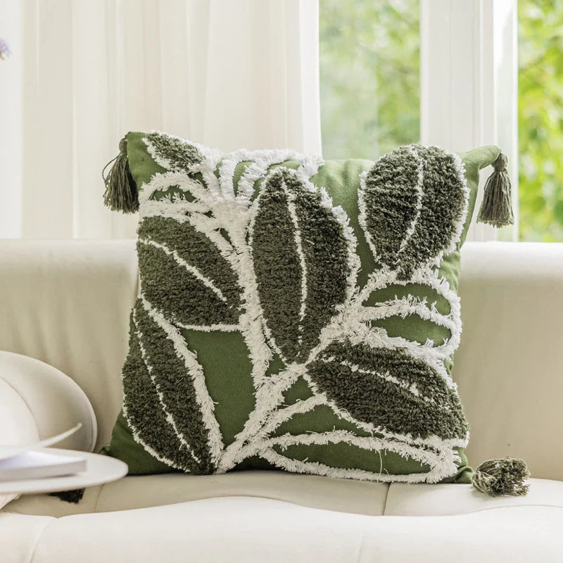 Embroidered Tufted Leafs Cushion Cover