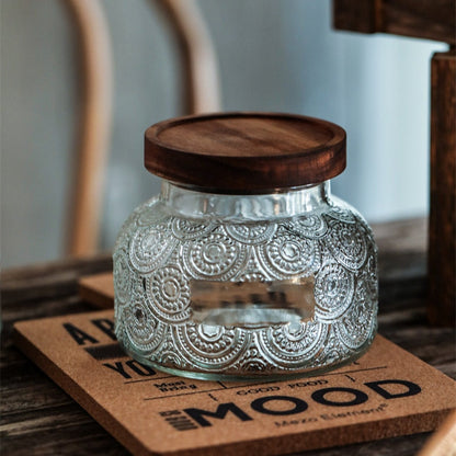 Retro Carved Wooden Lid Glass Jar