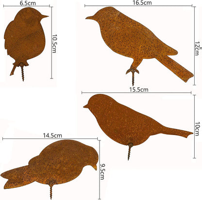 4-teiliges Vogel-Set aus rostigem Metall für Zaundekoration