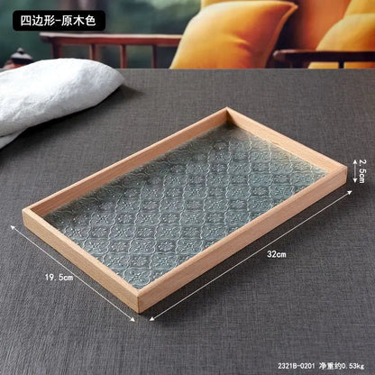 Japan-Style Wood & Embossed Glass Serving Tray