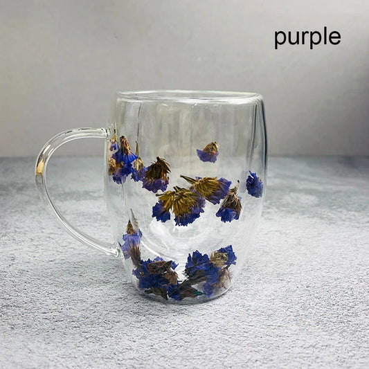 Double-layer Real Dried Flowers Glass Mug