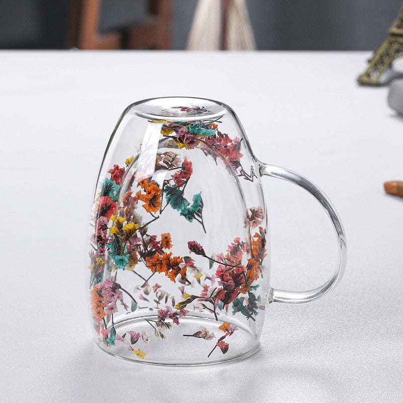 Double Wall Dry Flowers Glass Mug