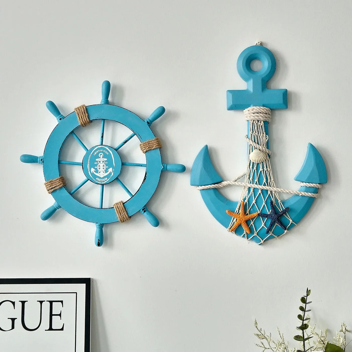 2 Stück nautische Schiffsrad- und Anker-Wanddekoration