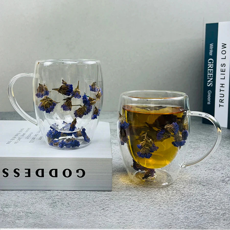 Double-layer Real Dried Flowers Glass Mug