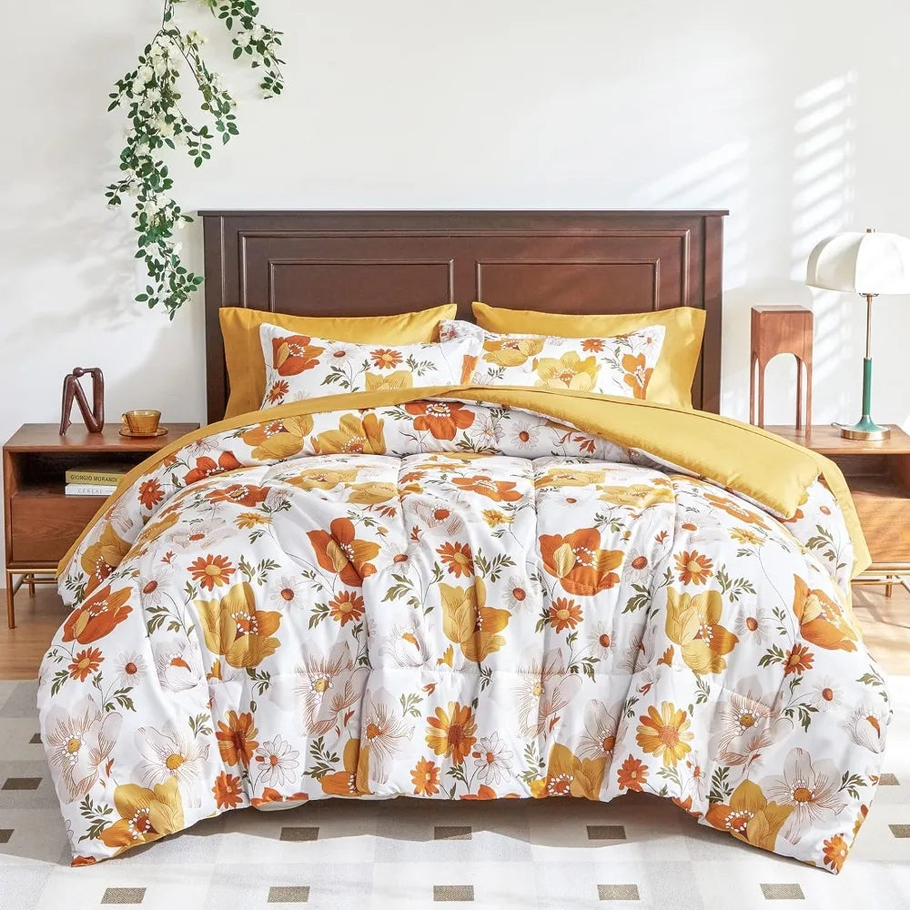 Orange Florals Queen Bedding Set