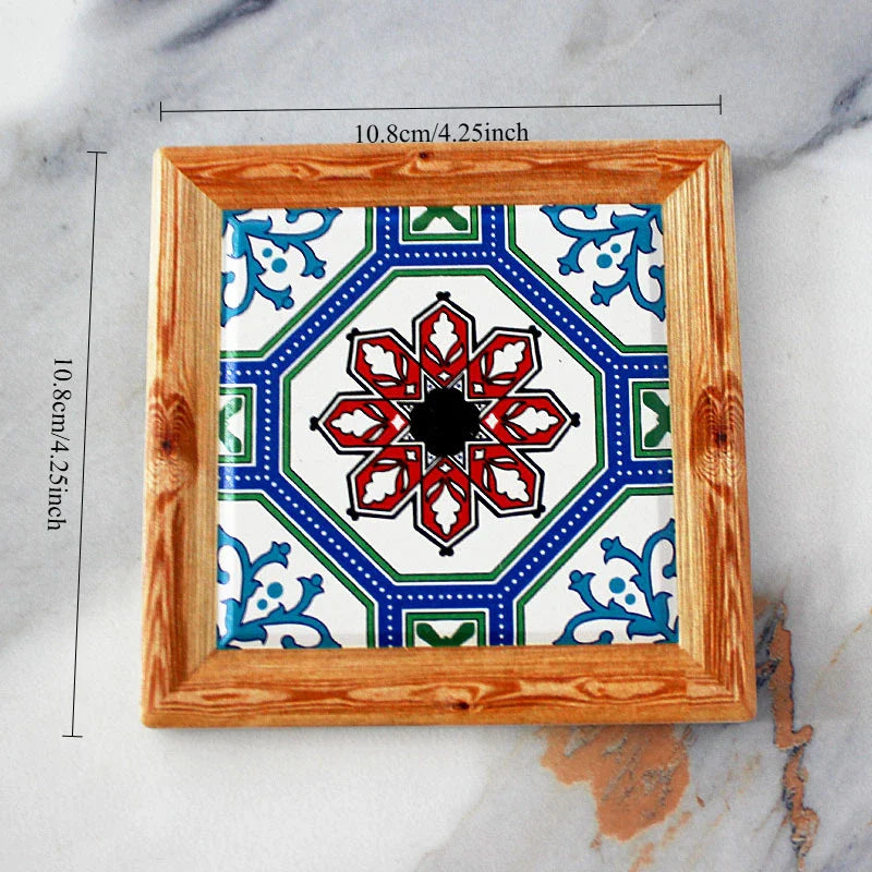 Bohemian Hand-Painted Floral Tile Ceramic Coaster with Cork Base | Table Decor