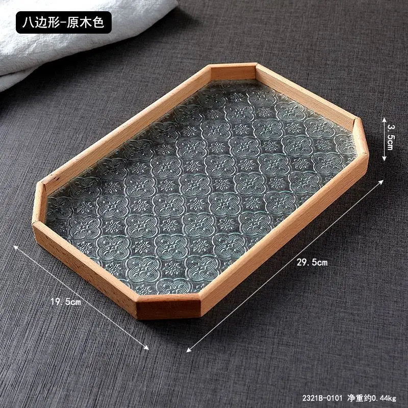 Japan-Style Wood & Embossed Glass Serving Tray