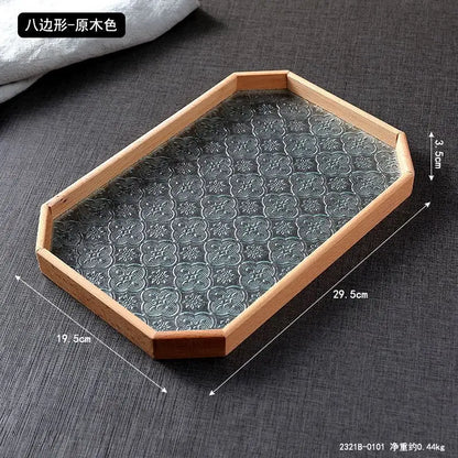 Japan-Style Wood & Embossed Glass Serving Tray